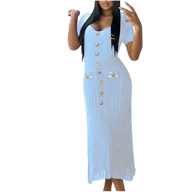 Vestido de Manga Corta para las Mujeres Color Sólido Ajustado V-Cuello Onda Falda Doblado, de Punto Sudadera Falda Larga