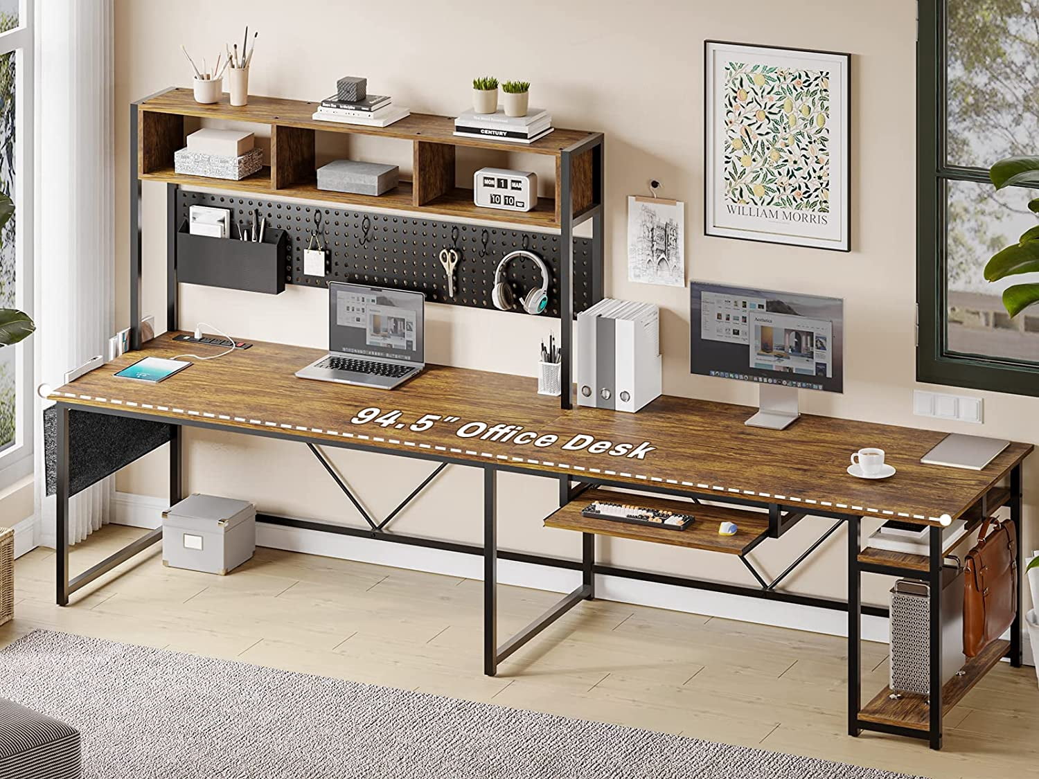 L-Shaped Office Desk with LED Lights & Charging Station, Reversible Computer Desk with Storage Shelf & Pegboard for Bedroom Study Writing, Rutic Brown