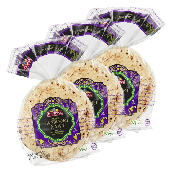 Toufayan Garlic Tandoori Naan | Non-GMO and Vegan (3 Pack, 12 Flatbreads Total)