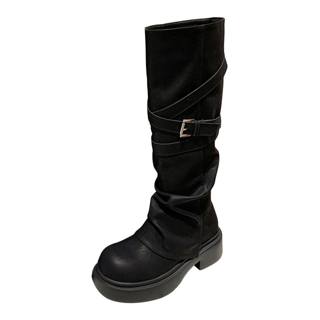 IUJSOY Bottes Mi-Mollet pour Femmes à Revers à Enfiler Bottes de Moto Plateforme Bout Rond Botte Haute
