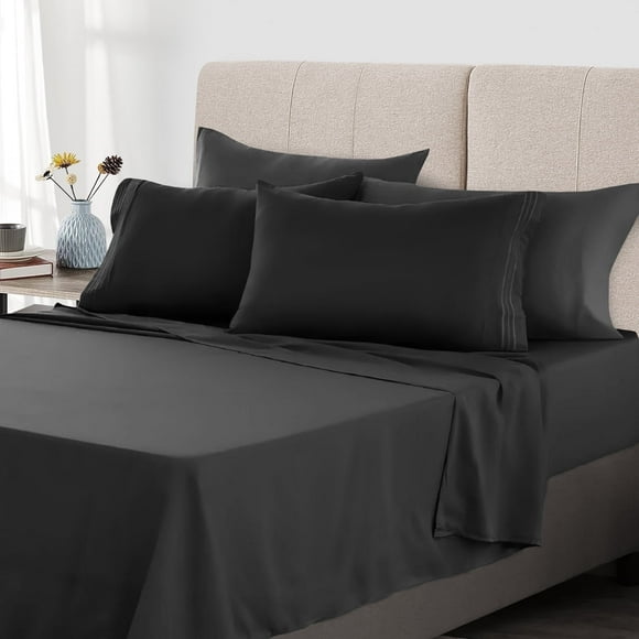 Juego de Sábanas Tamaño Queen, Sábanas Transpirables y Suaves, Sábanas y Fundas de Almohada de Hotelera, Bolsillo Profundo de hasta 16", Negro