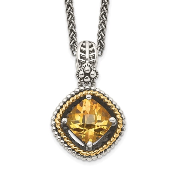 Auriga 925 Sterling Silver 8 mm with 14K Accent Antiqued Cushion Citrine Necklace for Women 18"