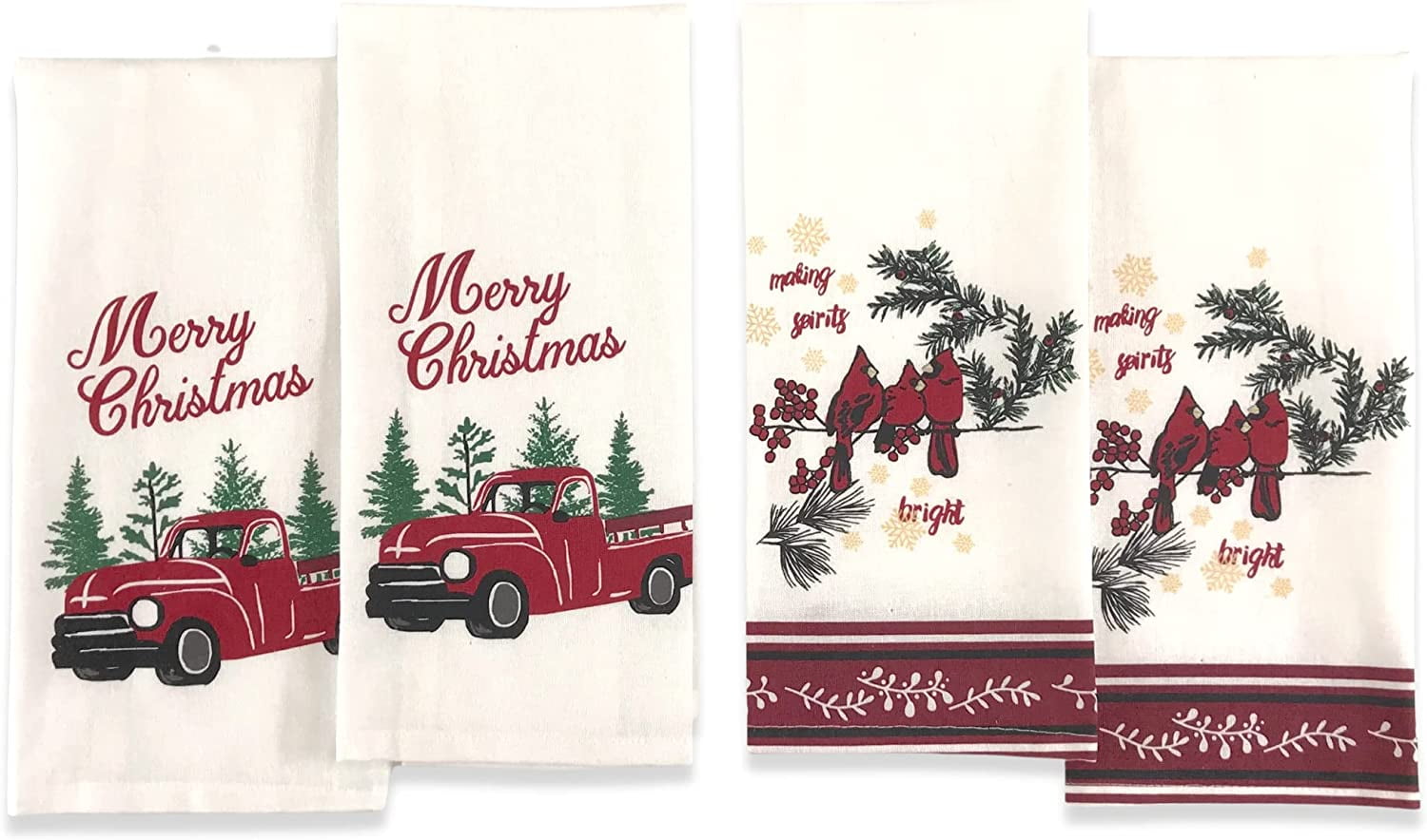 Christmas Holiday Kitchen Towels Two Red Cardinal Towels and Two Red