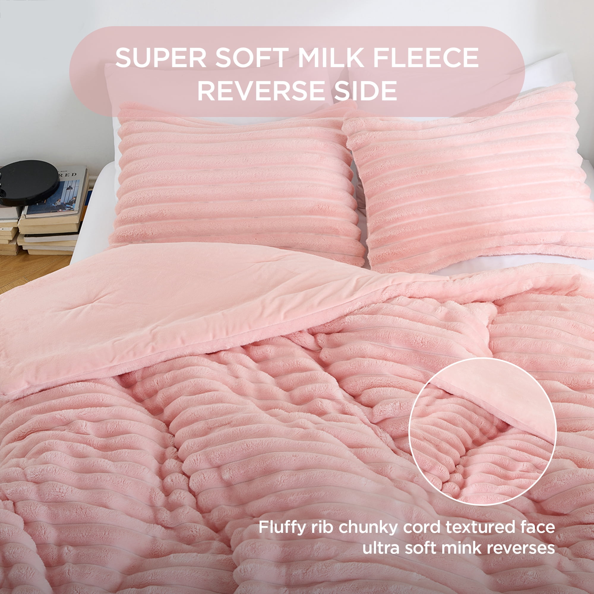 Regency Heights Full/Queen Size Comforter Set, Fluffy Ribbed Plush Comforter Set, 3-Piece Bedding Set, Pink