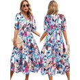thumbnail image 2 of Women'S V Neck Floral Dress Summer 2025 Trendy Pleated Boho Flowy Puff Sleeve Maxi Dress Blue Pink XL, 2 of 5