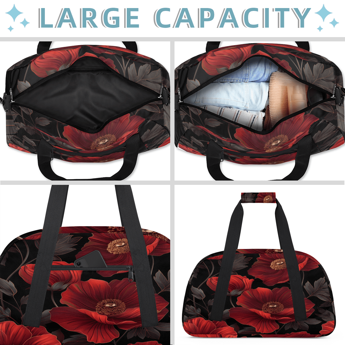 Herdesigns Red Floral Sports Duffle Bag for Women & Men, Poppy Gym Bag Dance Bag Overnight Bag Carry On Weekender Travel Bag