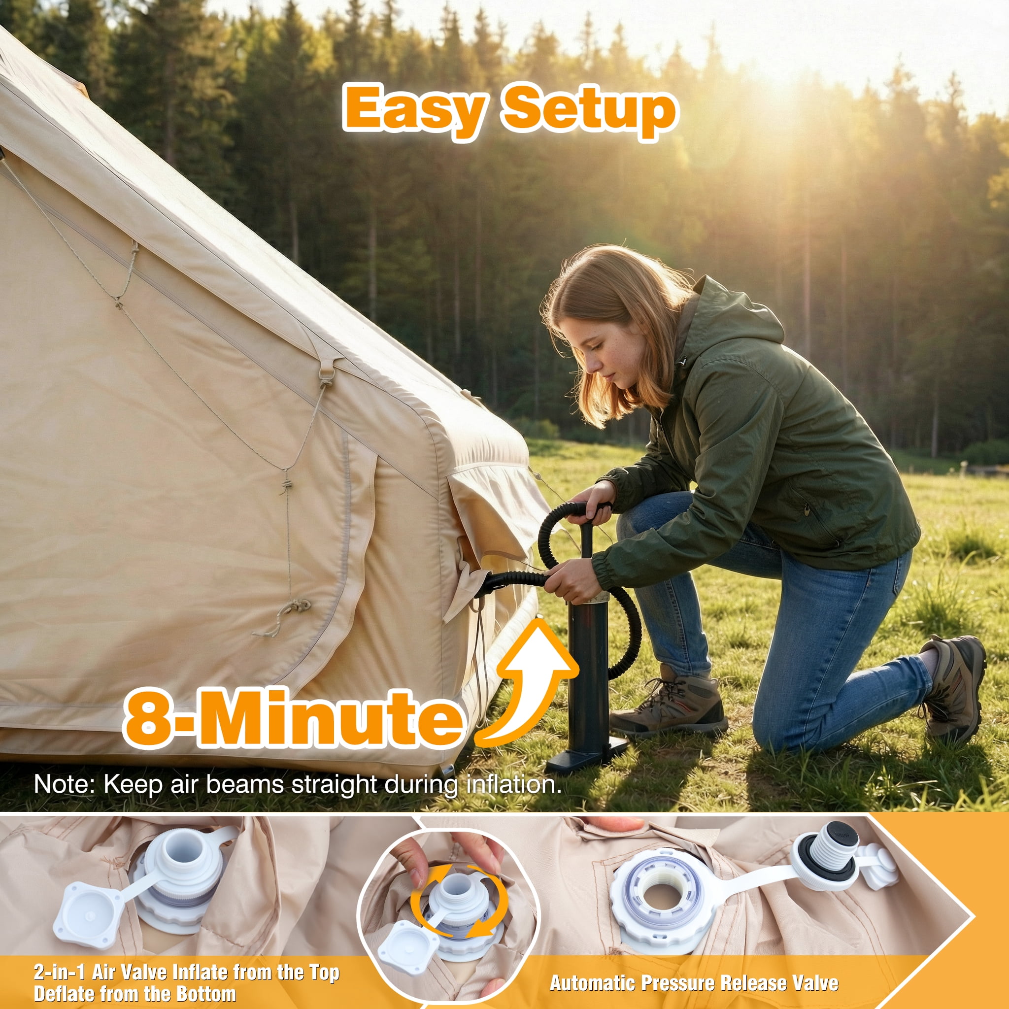 Qunler 8-10 Person Inflatable  Tent, Large Open-Space Air Tent with 2 Doors, Waterproof Blow Up Cabin for Family, Beige