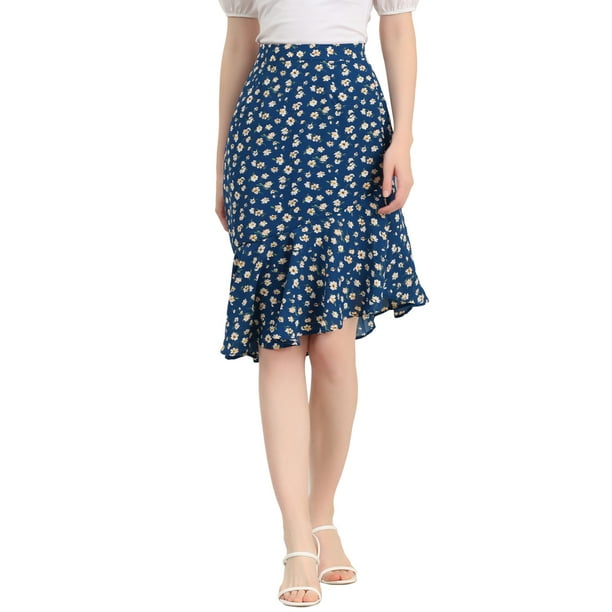 INSPIRE CHIC Falda Midi Asimétrica De Sirena Con Dobladillo Con Volantes Y Estampado Floral De Leopardo Para Mujer Azul amarillo L