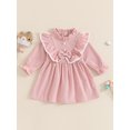 thumbnail image 5 of Elippeo Little Girl Autumn Corduroy Dress Mock Neck Ruffled Long Sleeve Bow Decor A-Line Dress 12 18 24 Months 3 4 5 Years, 5 of 10