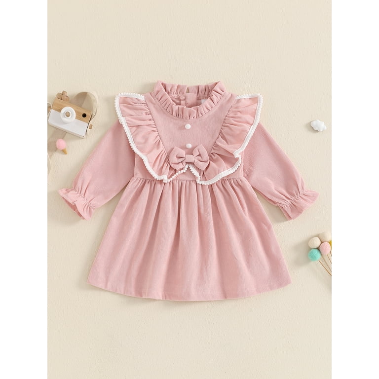 Elippeo Little Girl Autumn Corduroy Dress Mock Neck Ruffled Long Sleeve Bow  Decor A-Line Dress 12 18 24 Months 3 4 5 Years - Walmart.com