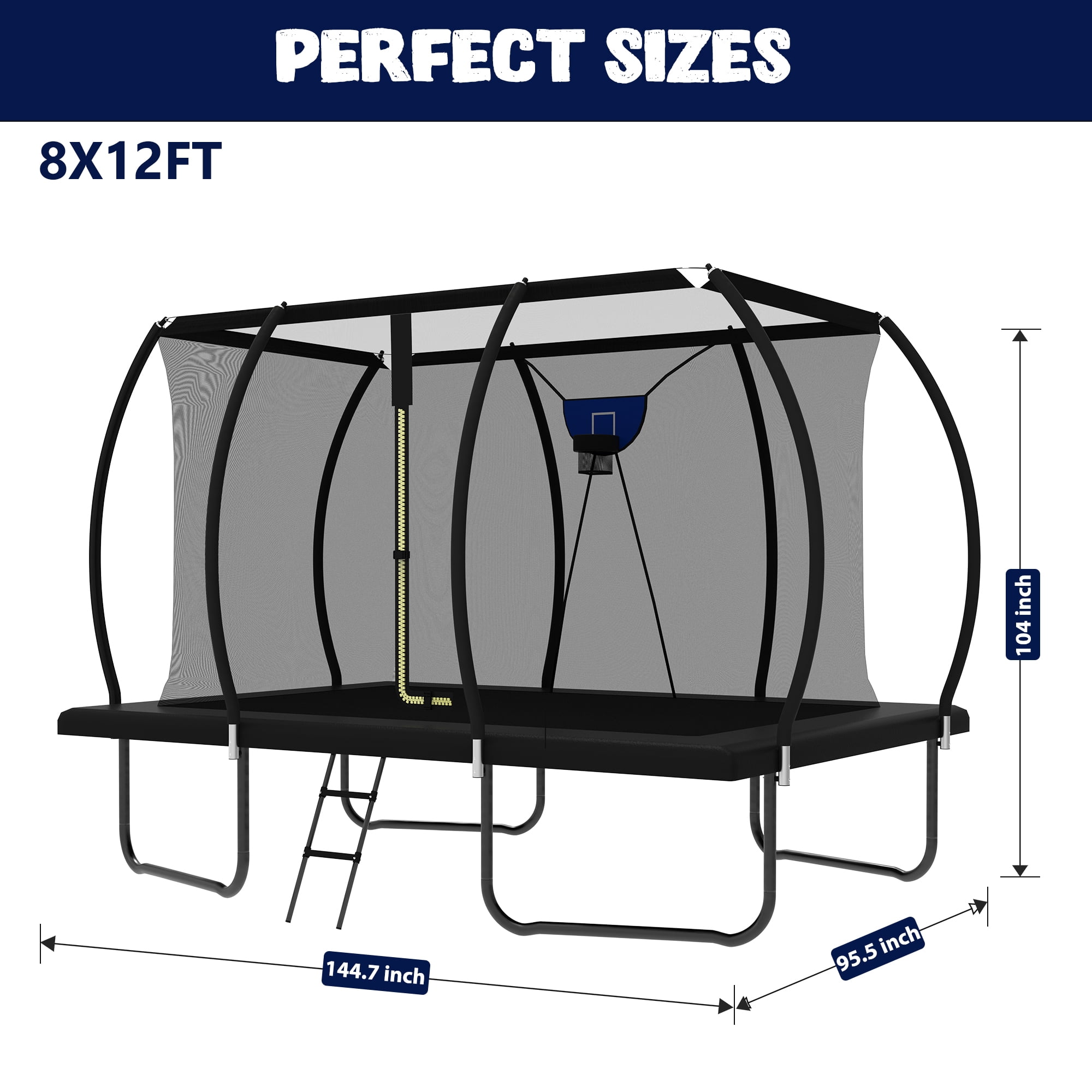 DVH 8x12FT 10x14FT Rectangle Trampoline for Kids and Adults, Big Outdoor Rectangular with Basketball Hoop and LED Light, Large Square Trampoline with Enclosure Net