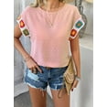thumbnail image 5 of Womens Shirts Floral Crochet Short Sleeve Crewneck Shirt Casual Pullover Blouse Summer Tops Pink L, 5 of 8