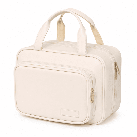 QingRoam Hanging Travel Toiletry Bag, PU Leather Makeup Organizer with Hook and Clear Pockets, Water-Resistant Cosmetic Bag for Travel Bathroom Gym, Beige