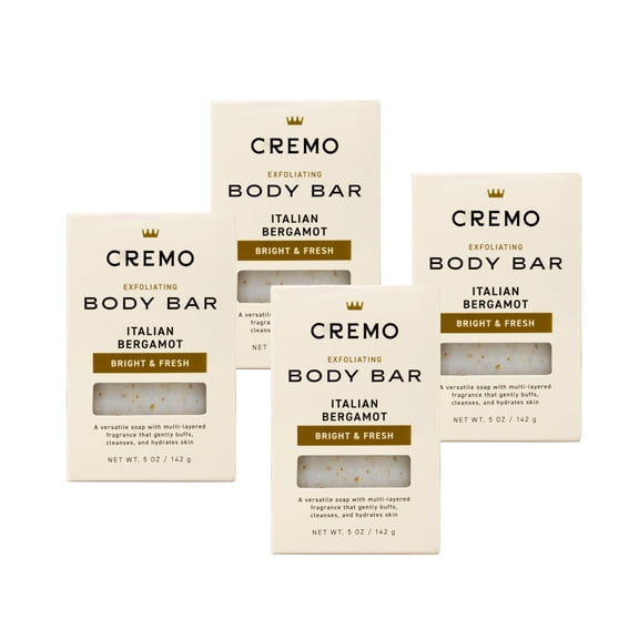 4 Pack - Cremo Exfoliating Body Bar for Men, Italian Bergamot Scent, Multi-Layered Fragrance That Buffs, Cleanses and Hydrates Skin, 5 OZ