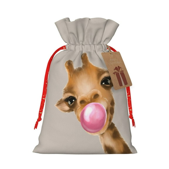 Naloa Funny Giraffe Blowing Bubble Drawstring Christmas Bags, 3D Xmas Gift Bags, Christmas Wrapping Bags, Xmas Goodie Bags, Treat Pouch Bags, Party Favor Bags-Medium