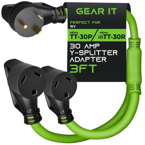 GearIT RV Y Adapter Cord 30 Amp to (2) 30 Amp, NEMA TT-30P to (2) NEMA TT-30R, Male Plug to Female Receptacles, 3-Prong Heavy Duty Power Cable, STW 10 AWG 3C - Trailer, Camper and Generator - 3 Feet