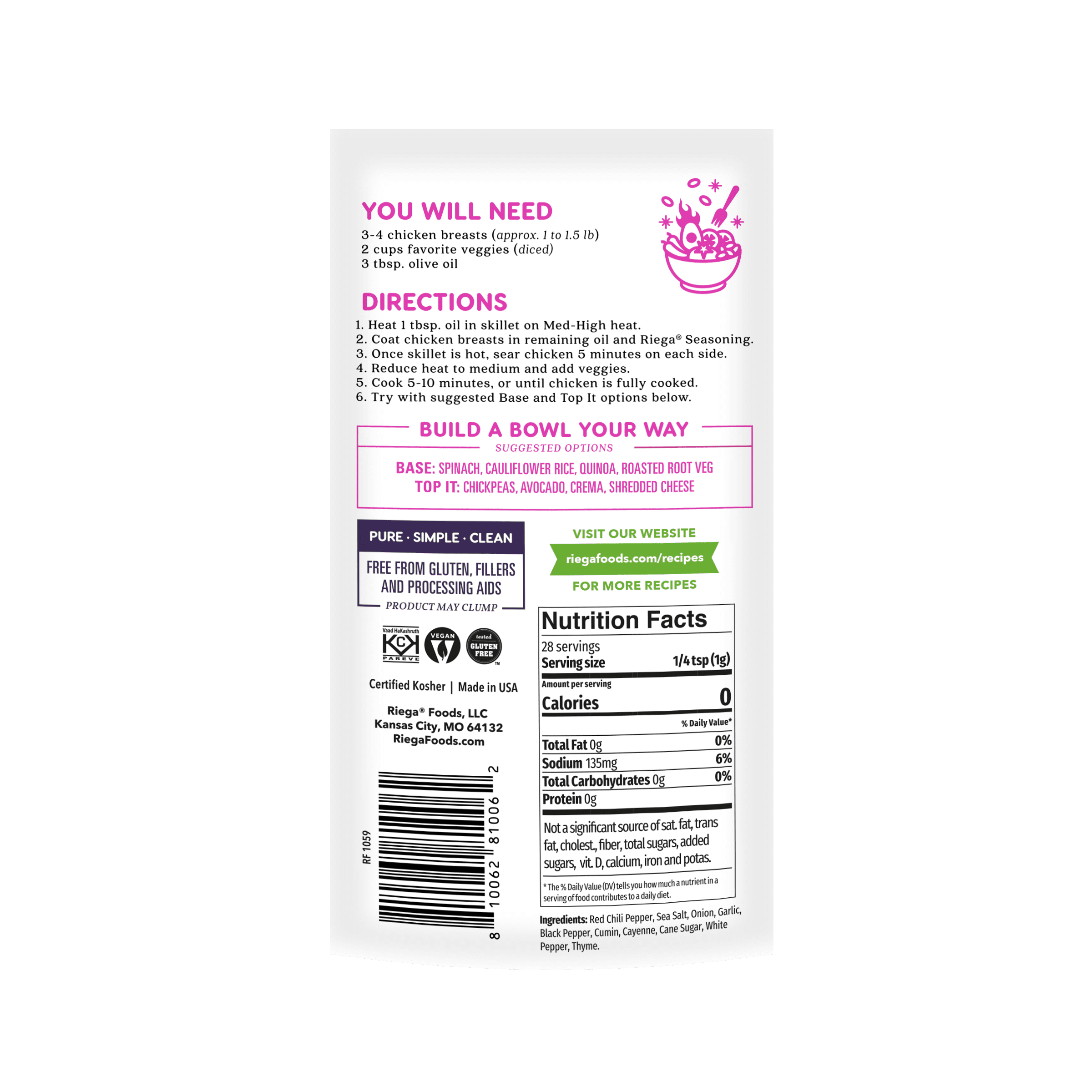 Riega Blackened Chicken Bowl Original Seasoning Mix, 8 Packets