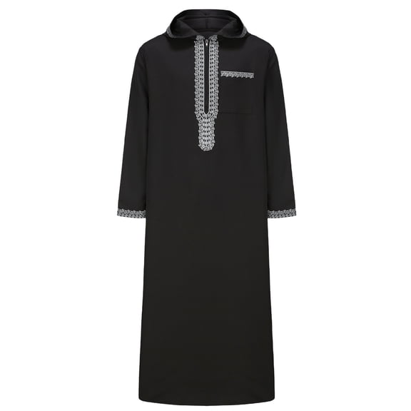 Ahabrexf Men's Hooded Robe for Men Long Sleeve Pullover with Pocket, Embroidered Loose Fit Muslim Thobe, Solid Color