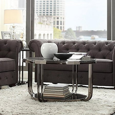 Glass Top Metal Finish - ModHaus Living Modern Style Nickel Plated Round Shaped Tempered Glass Top Cocktail Coffee Table | Metal Frame, Black Finish, Living Room Decor - Includes Pen
