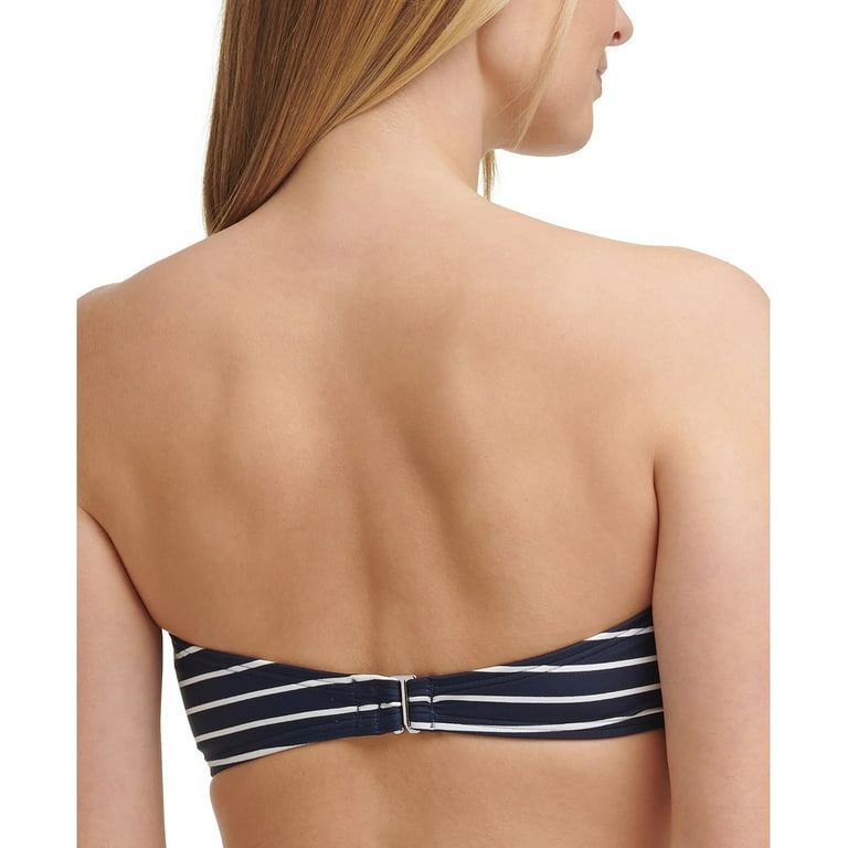 TOMMY HILFIGER Women's Navy Striped Stretch Lined Center-Bust Halter Tie  Bandeau Swimsuit Top M