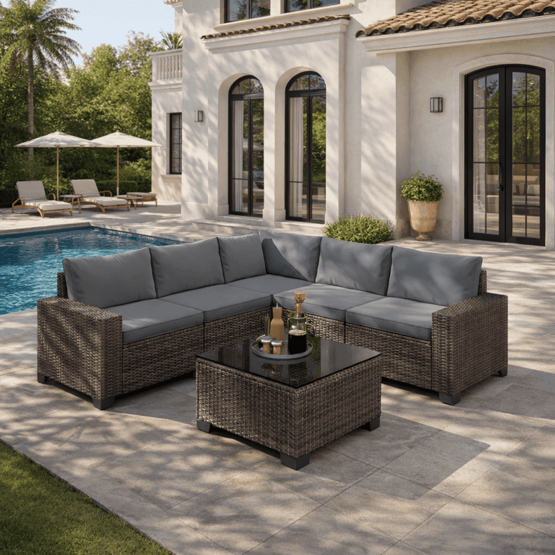 Aiho Outdoor Patio Furniture Set with All Weather Wicker, 6 Pieces Outdoor Sectional Sofa with Soft Cushions and Coffee Table, For Garden, Backyard, Poolside, Patio, Porch and Balcony - Gray