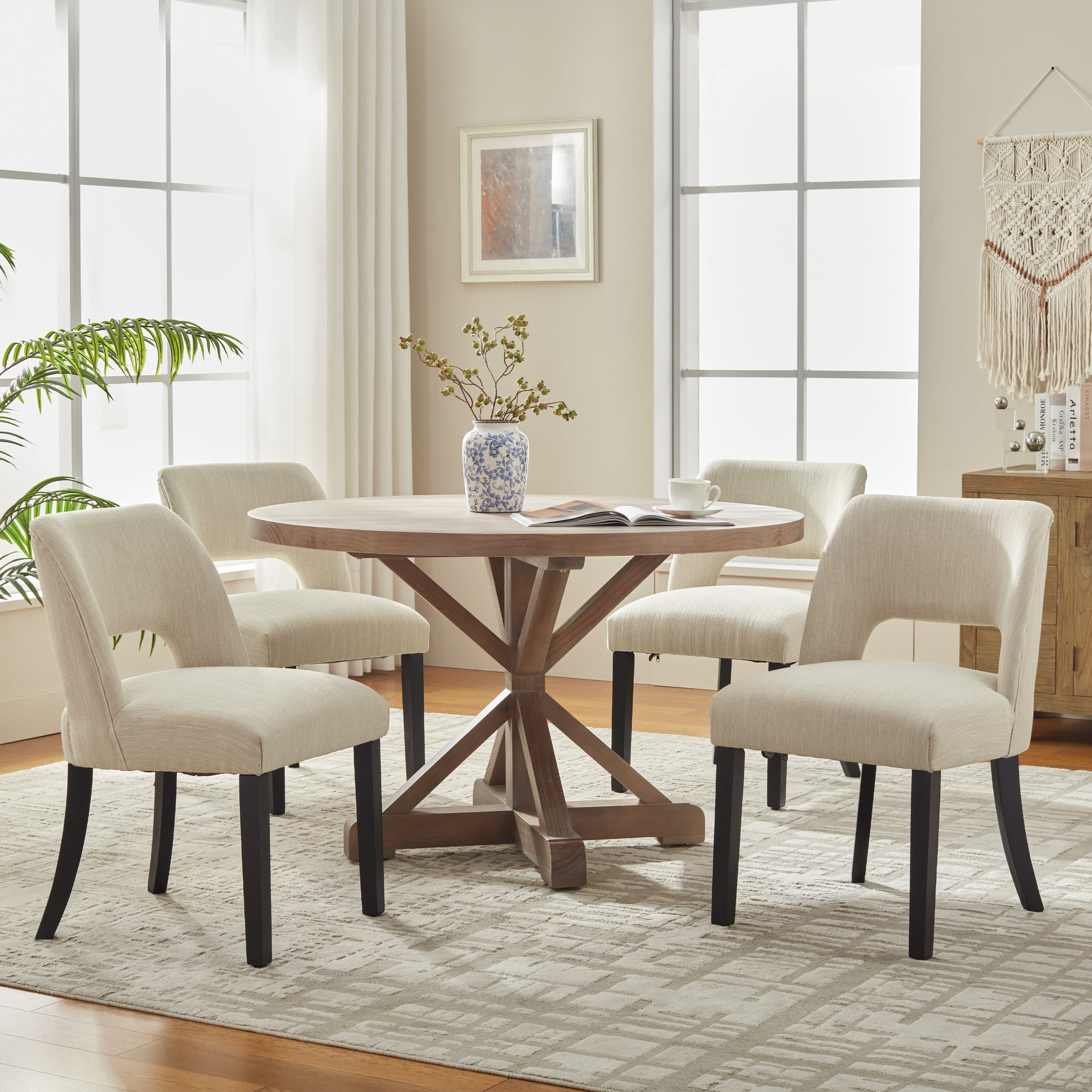 Vknow Furniture Wooden Dining Chairs Set of 2, Modern Fabric Upholstered Dining Room Chair Kitchen Chairs, Farmhouse Dinner Chair for Kitchen Dining Room, Beige