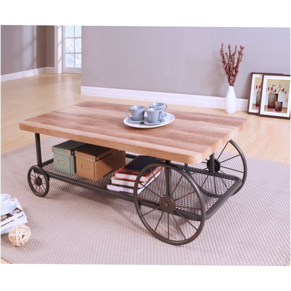 JERFIT Industrial Farmhouse Coffee Table with Storage Shelf, Oak Top and Antique Gray Metal Base with Wheels, Rectangular Living Room Center Table