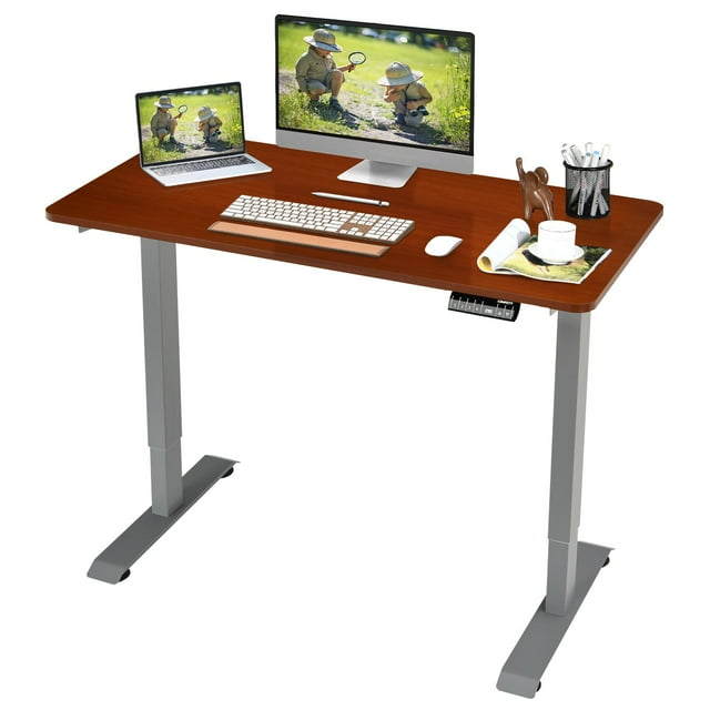 Giantex Electric Height Adjustable Desk, Sit Stand Home Office Desk w/4 Memory Positions & LED Display, 48" Standing Computer Workstation w/Anti-collision Design for Students & Office Stuff, Teak