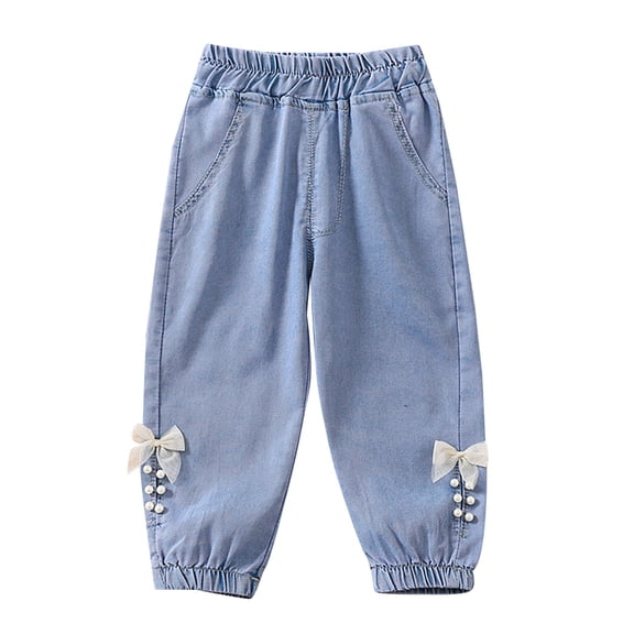 YunPes Toddler Girls Summer Casual Comfort Daily Wear Thin Jeans Pants Baby Girls Solid Color Bowknot Print Trousers