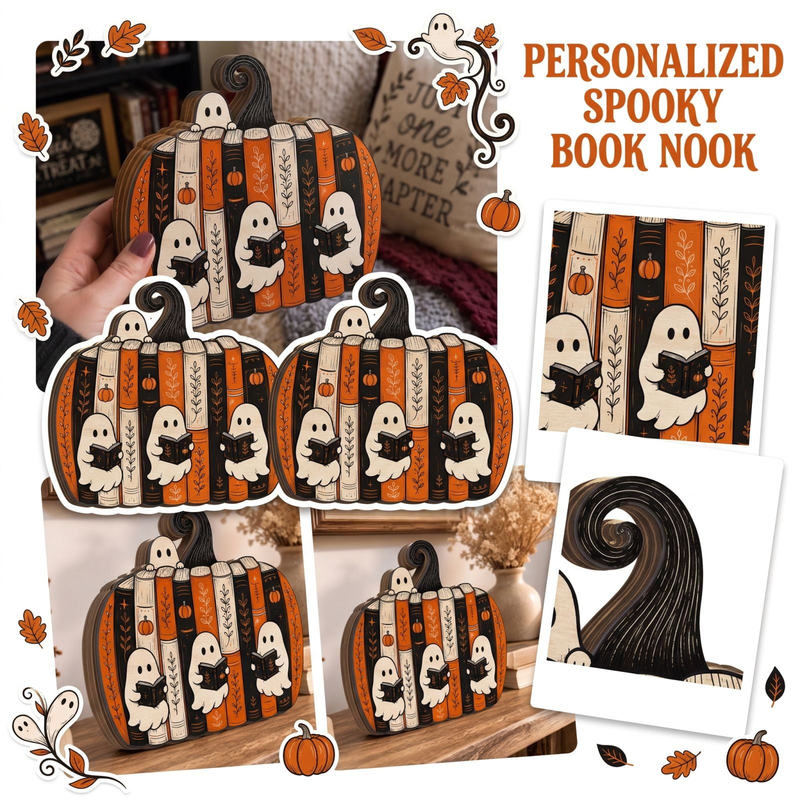 Halloween Pumpkin Decorations Wooden Ghost Pattern Halloween Shelf Decor Spooky Tabletop Display for Indoor Home Bedroom Office Farmhouse Fall Halloween Home Displays 1 Piece