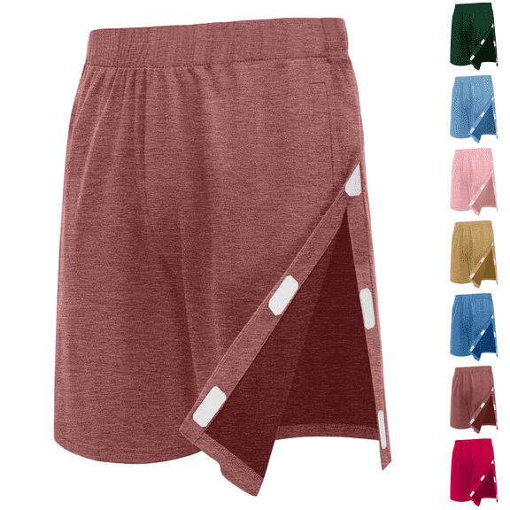 Unisex Tear Away Shorts Snap On Athletic Shorts Cotton Post Knee Hip Surgery Recovery Lounge Short with Pockets Wine 2XL