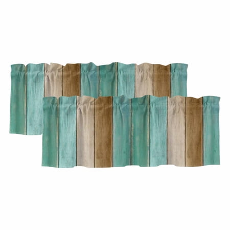 Teal Brown Wooden Curtain Valances for Windows Kitchen Valance Window Treatments Panel 2 Pack Farmhouse Vertical Striped Art Rod Pocket Short Curtains for Bathroom Bedroom 42 x 12 Inch