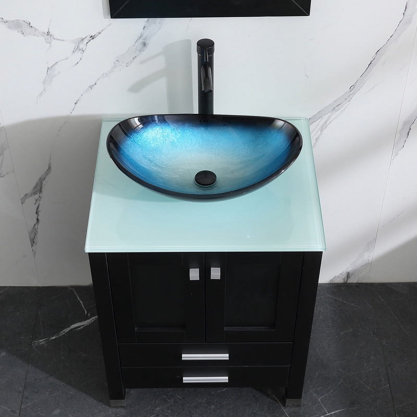 Walsport 24" Luxurious Bathroom Vanity with Blue Tempered Glass Vessel Sink Bowl and Countertop and Mirror and Faucet,Stand Floor Cabinet Bathroom Storage Vanity with Pop Up Drain,Black