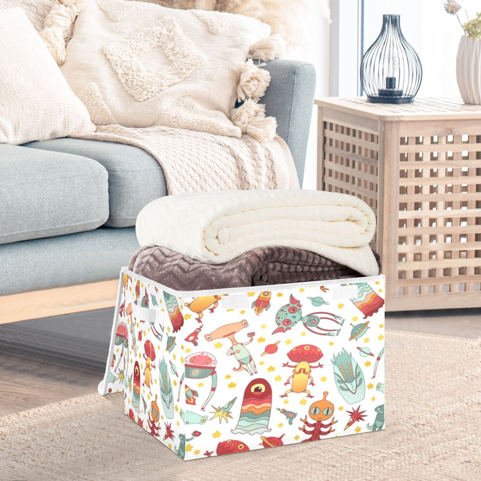Cute alien space pattern design Large Storage Bins with Linen Collapsible Foldable Storage Cubes Fabric Closet Organizer Containers box with Flip-Top