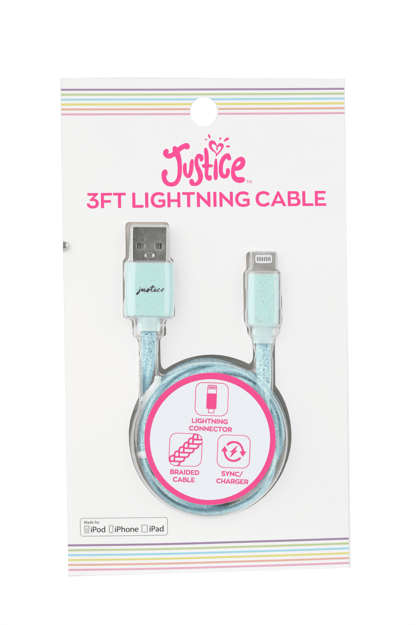 Justice 3 ft Braided Lightning to USB Charge And Sync iPhones Cable Light Blue Glitter