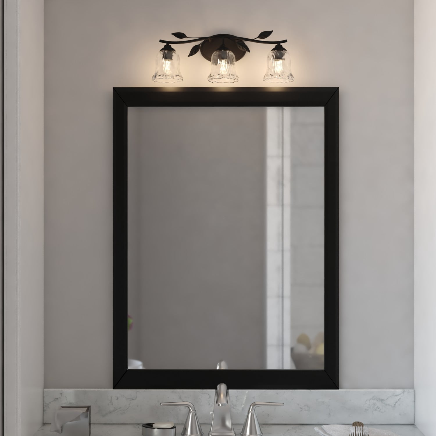 Fairwood 3-Light 21 in. Wide Matte Black Rustic Bathroom Vanity Lighting Fixture, Clear Ribbed Glass Shade, Dimmable, LED Compatible, Over the Mirror Mounted Metal Wall Sconce, Branch and Leaf Motif