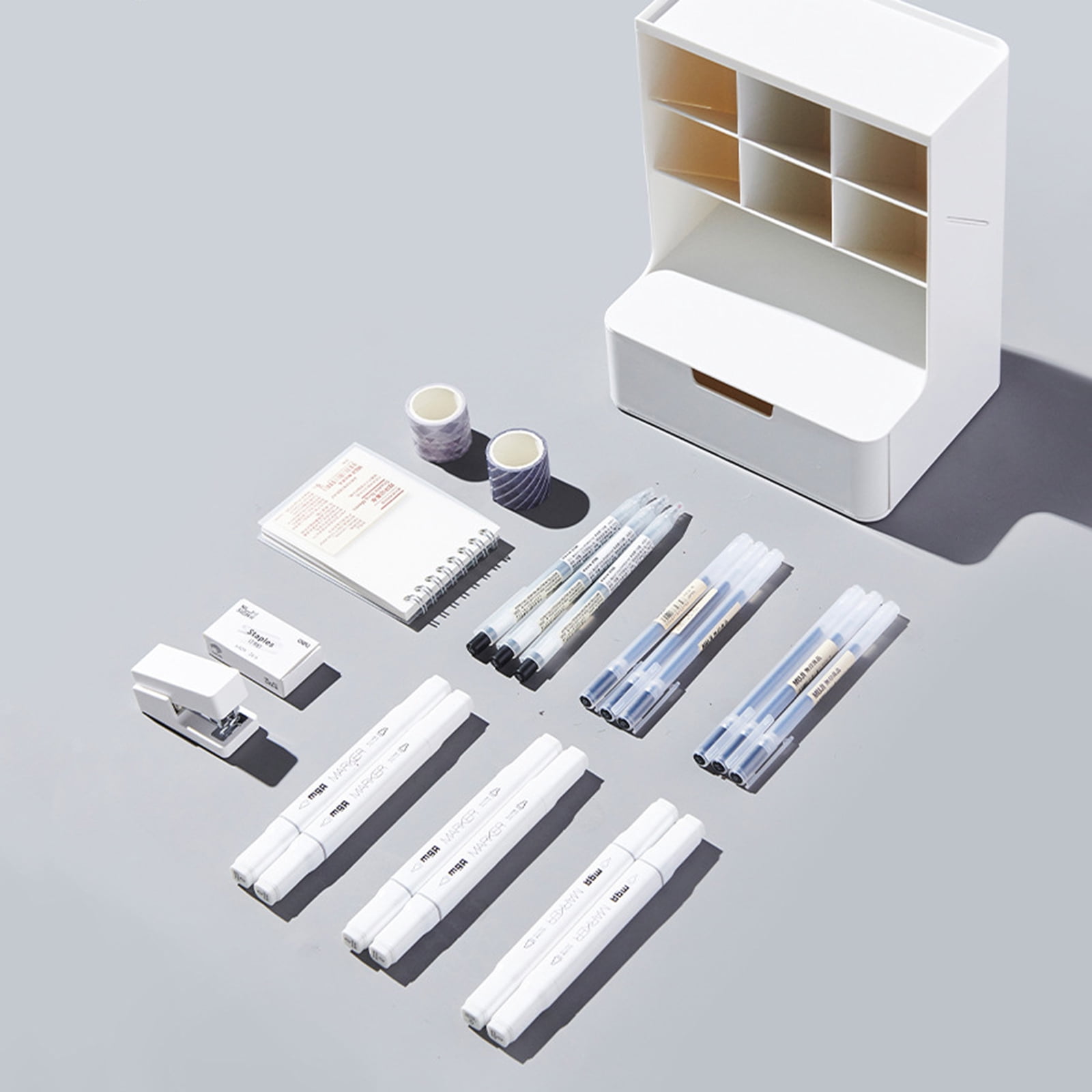 Desktop Pen Organizer with Drawer Stacking Cosmetic Storage Holder Makeup Organizer for Bedroom Office Desk Pen Holder