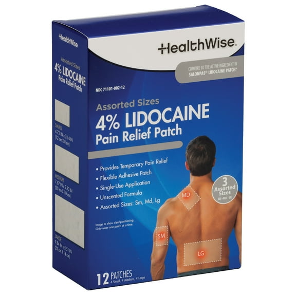 HealthWise Lidocaine Pain Patch | 4% OTC Lidocaine | 12-Count Assorted Sizes | Paraben-Free Formula | Temporarily Soothes Minor Aches and Pains | Unscented | Flexible Application