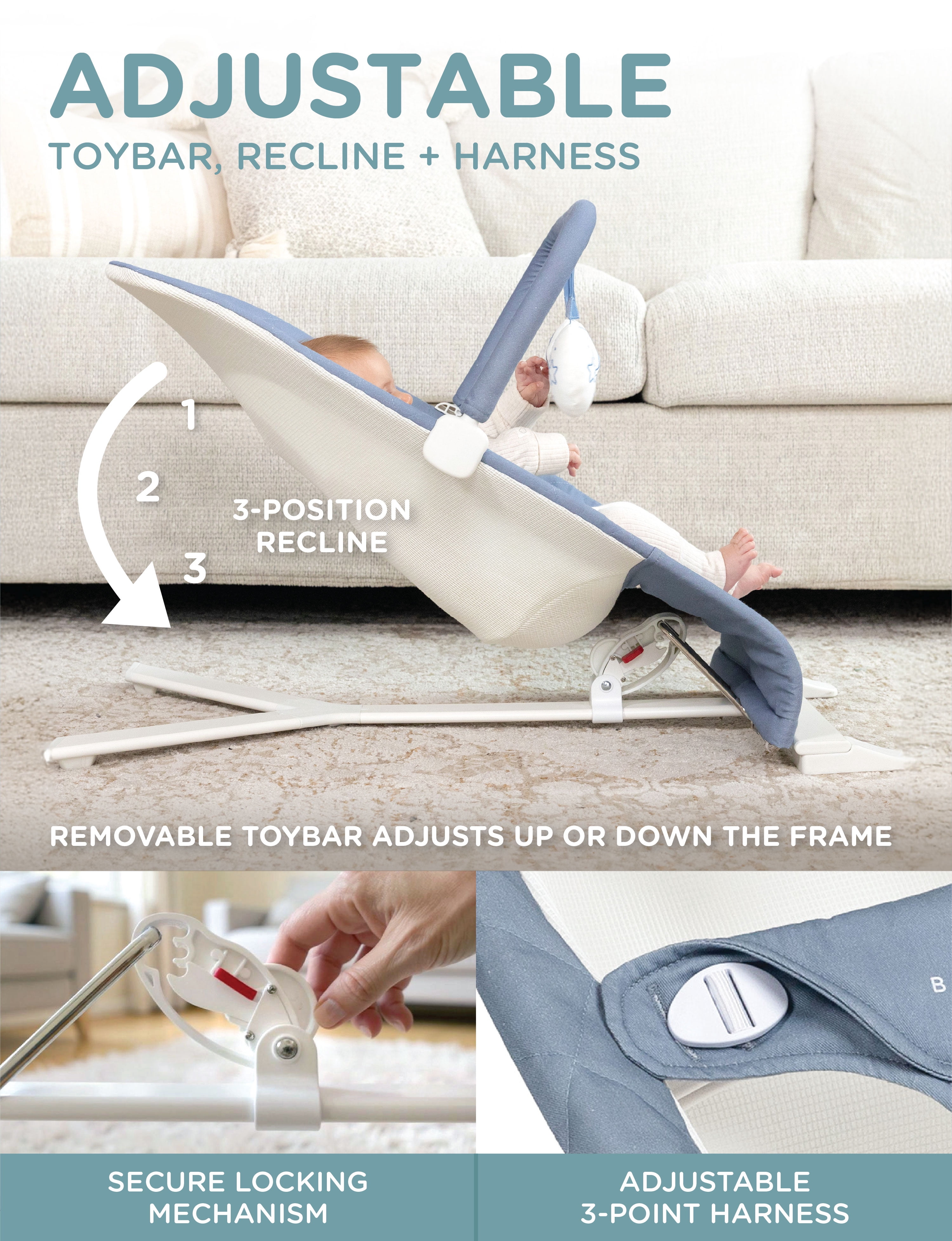 Baby Delight Alpine Organic Deluxe Portable Bouncer, for Infants 0-6 Months, Organic Dusty Blue