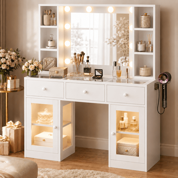 Zimtown Makeup Vanity with 3 Colors Light Mirror, Glass Top Vanity Desk with Two Glass-Door Storage Cabinets & Charging Station, White