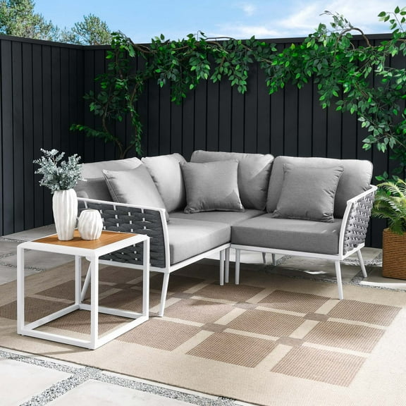 Modway Stance 4 Piece Outdoor Patio Aluminum Sectional Sofa Set in White Gray