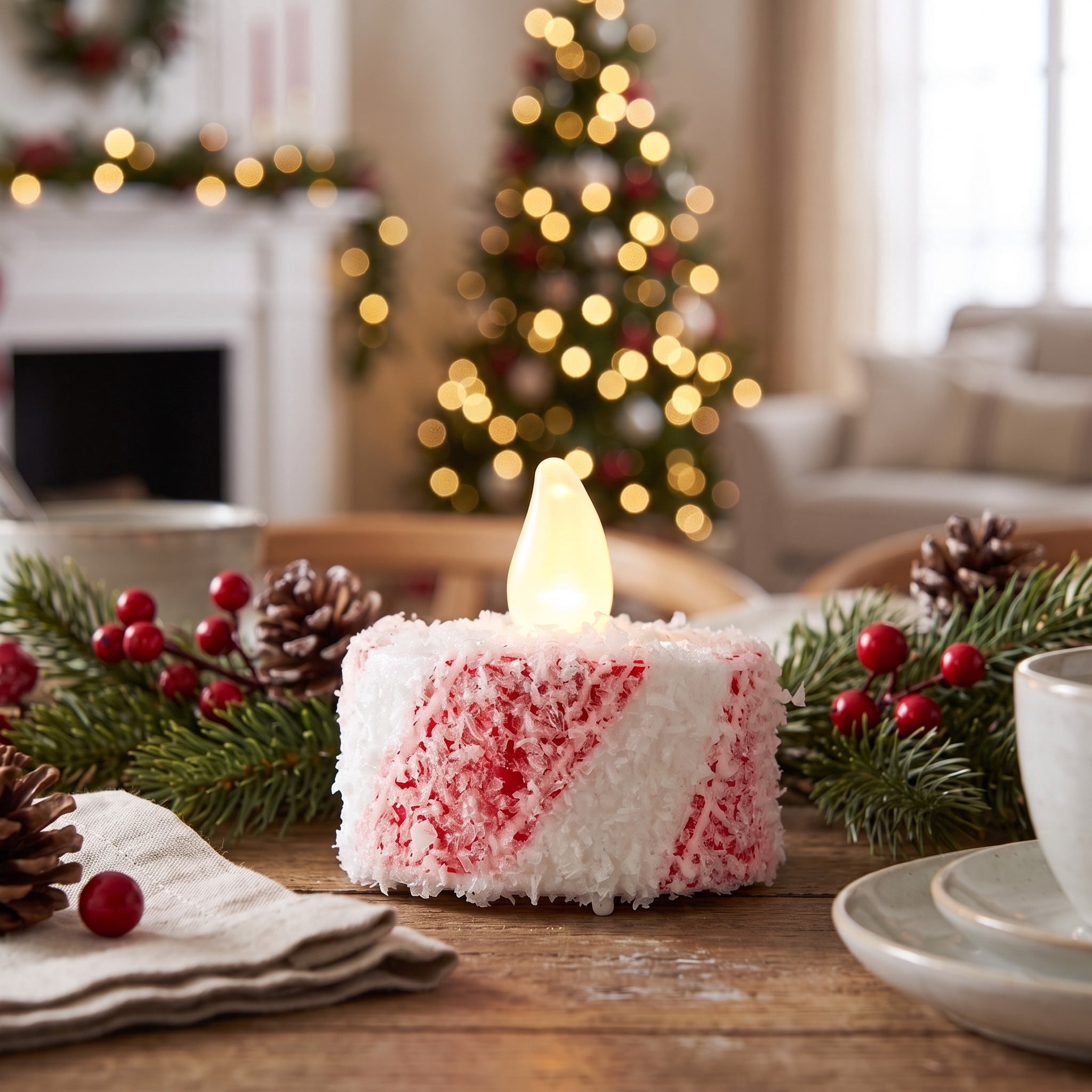 Indoor Battery-Operated LED Plastic Flameless Candy Cane Christmas Tealight Candles, Red and White, 1.5", 6 Count, by Holiday Time