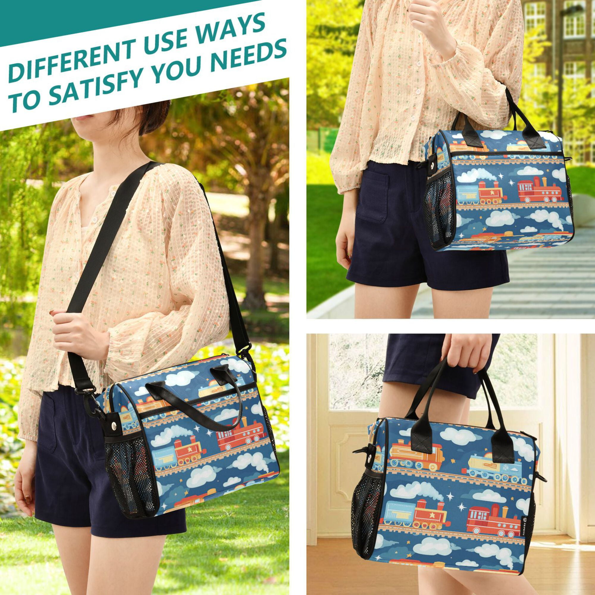 FORMRS Insulated Lunch Bag Unisex Large Capacity with Shoulder Strap, Blue Cute Train Pattern
