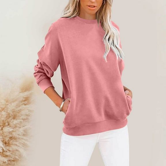 Hauaitttt Women's Casual Long Sleeved Solid Color Blouse Crewneck Sweatshirt Loose Pullover Pocket Hoodie Sweatshirt Women Pullover Heavy Workout Jacket N Cold Weather Hoodies Women Active Wear Women