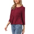 thumbnail image 4 of INSPIRE CHIC Peplum Top for Women's Crew Neck 3/4 Sleeve Ruffle Pullover Blouses L Burgundy, 4 of 5