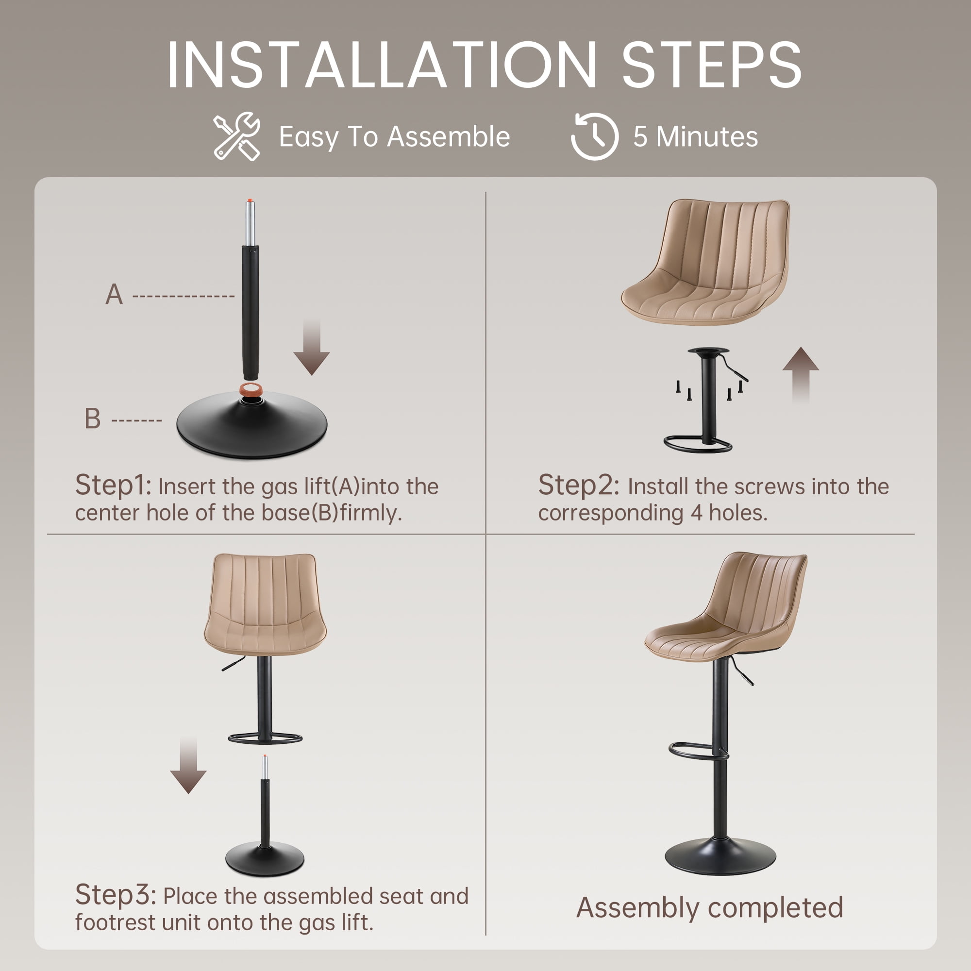 SAETSFEG Bar Stools, Adjustable Swivel Counter Height Bar Stool with Footrest, Modern PU Leather Bar Chairs for Kitchen Island, Dining Room, Oatmeal