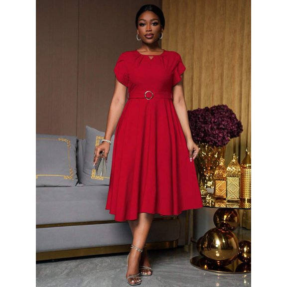 Elegant Red Womens Dress With Round Neck, Pleated Puff Sleeves, And Waist Belt Decor