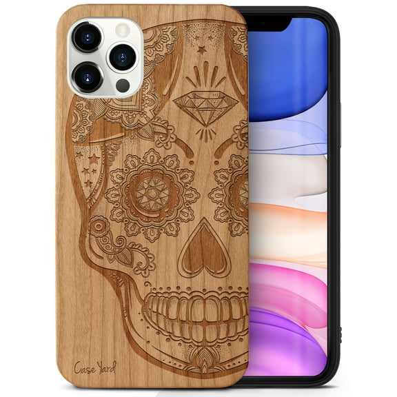 Case Yard Wooden Case Outside Soft TPU Silicone, Slim Fit Shockproof Wood Protective Phone Cover for Girls Boys Men and Women, Supports Wireless Charging Ice Skull Design case for iPhone-12/12-Pro
