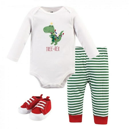 UPC: 0660168567540 | Hudson Baby Infant Boy Cotton Bodysuit Pant and Shoe 3pc Set Tree Rex 0-3 Months