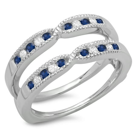 Cut Diamond Ring Band - 14K Gold Round Cut Blue Sapphire & White Diamond Ladies Millgrain Anniversary Wedding Band Guard Ring